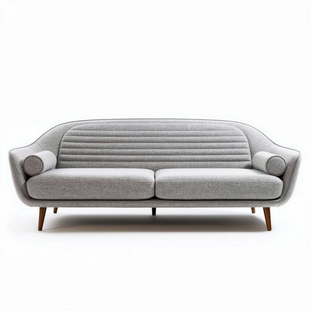 Lichtegrijze bank met houten poten en afmetingen van 190 x 85 x 80cm