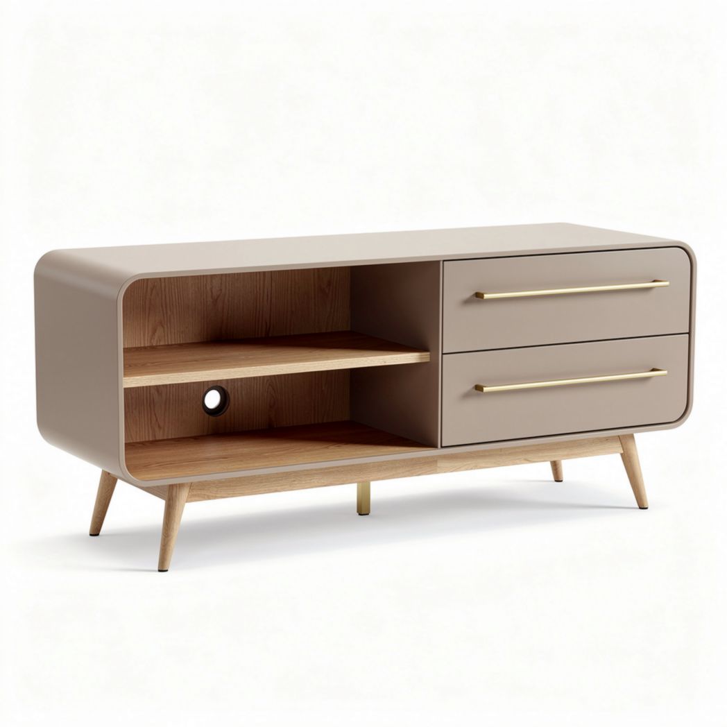 Lage tv-kast van hout met twee lades en open planken 150 x 45 x 50cm