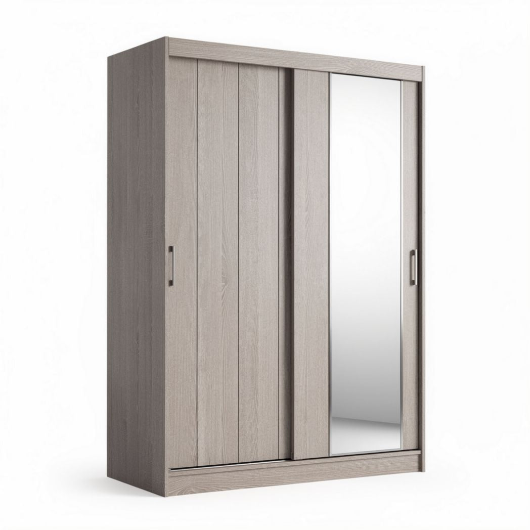 Kast met dubbele schuifdeuren en spiegel van grijs gelamineerd hout 200 x 100 x 60cm