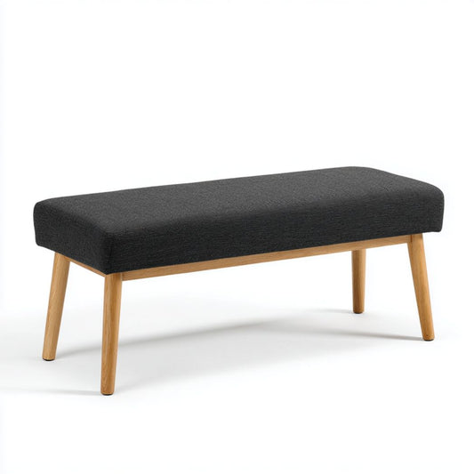 Grijze bankenstoel van stof met zwart houten poten 120 x 40 x 45cm