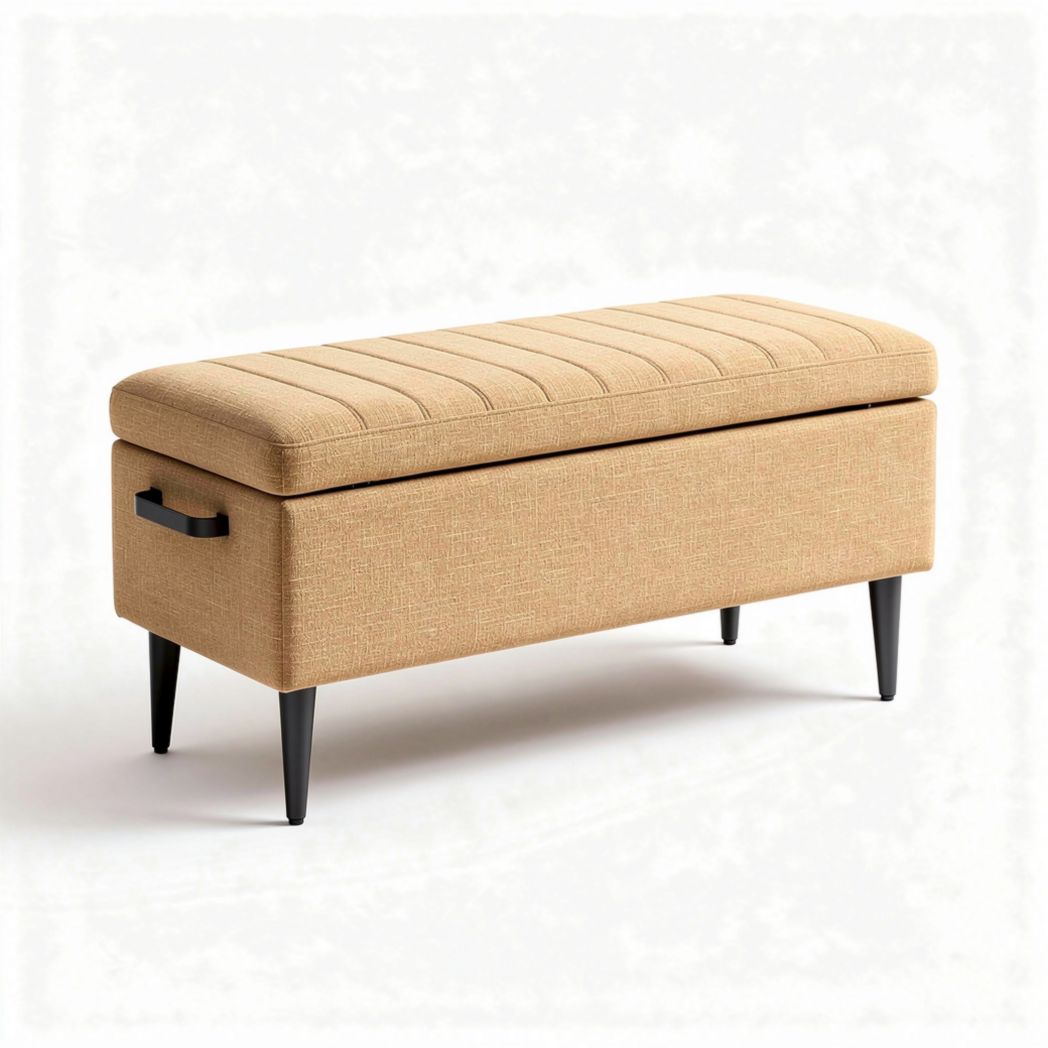 Opbergbank met gestreepte bovenkant in beige stof 100 x 40 x 45cm