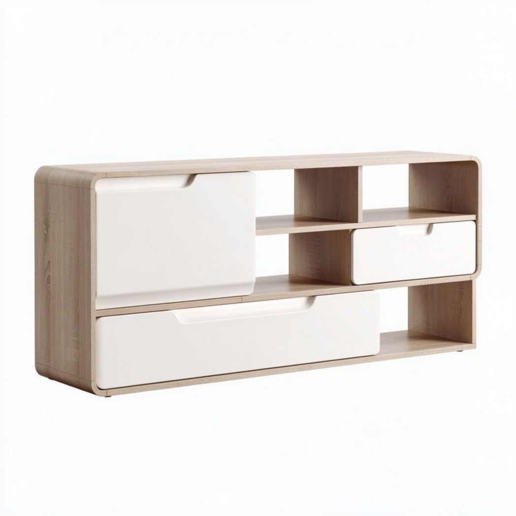 Moderne opbergkast van hout en kunststof met open vakken en lades 120 x 40 x 70cm